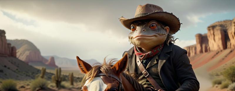 10951-1439701986-cinemascope cinematic film still of (toad with a dirty brown wig riding a horse_1.4), black cowboy hat on shoulders, holding a g.jpg